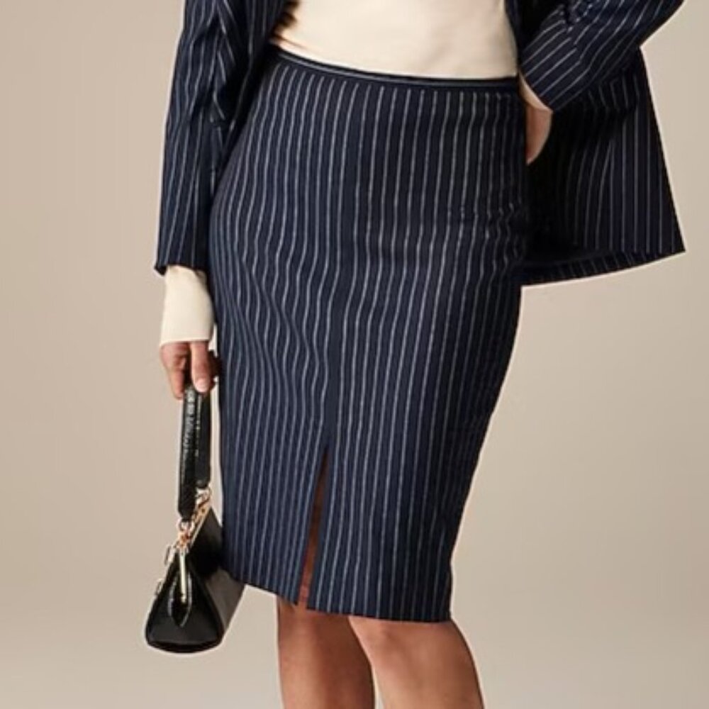 NWT J Crew Pencil knee-length skirt in navy pinstripe Italian wool blend Size 12